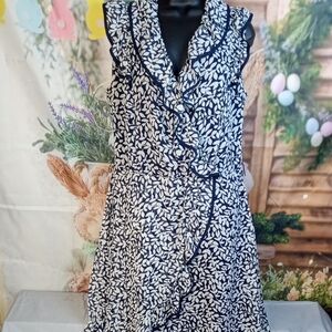 👕 JBS Navy and White Leaf Pattern Ruffle Dress